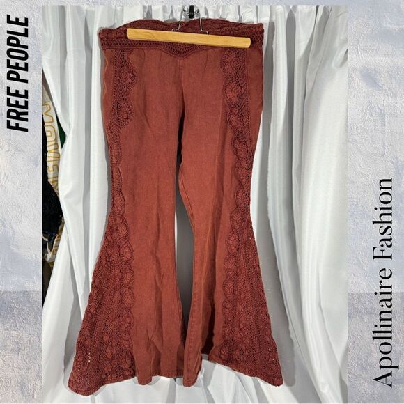FREE PEOPLE NEPTUNE’S NET CROCHET FLARE PANTS IN WASHED WINE NWT - Picture 5 of 9